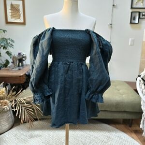 beautiful Dark forest green 100% linen dress puffy sleeves smocked Aulieude 6